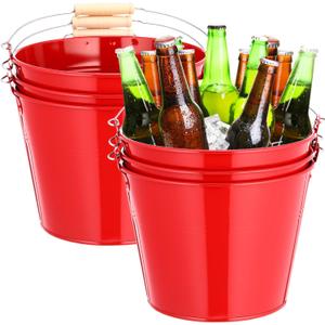 Zopeal 6 Pcs Large Metal Bucket Beer Bucket Galvanized Steel Pail with Handle for Gifts Basket Ice Candy Party(9 x 7 x 7 Inch,Red)