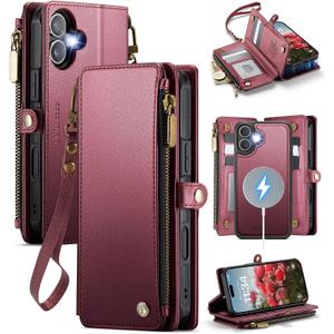 Defencase for iPhone 16 Magnetic Wallet Case Compatible with Magsafe with RFID Blocking Zipper Pocket & Card Holder for Women Men PU Leather Strap Detachable Case for iPhone 16 (6.1 inch), Wine Red