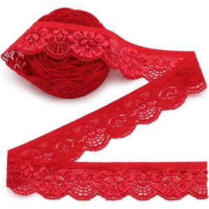 SEMINI 10 Yards 1" Wide Lace Elastic Trim Lace Ribbon Flower Edge Trimming for Sewing Craft Wedding Party Decor Clothes (Red)
