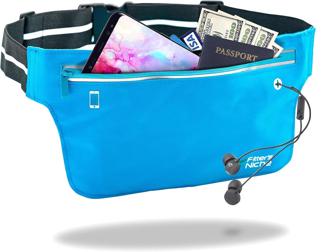 Fitter's Niche Ultraslim Water-Resistant Fanny Pack for Running/Hiking - Thin Reflective Bounce-Less Design Waist Belt Bag Fits 6.5" Phones for All Ages Unisex Sports, Blue