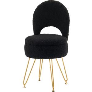 Storage Ottoman Vanity Stool Chair with Folding Back Teddy Velvet Makeup Chair Multifunctional Upholstered Footstool,4 Metal Legs with Anti-Slip Feet for Bedroom Living Room Entryway (Black)