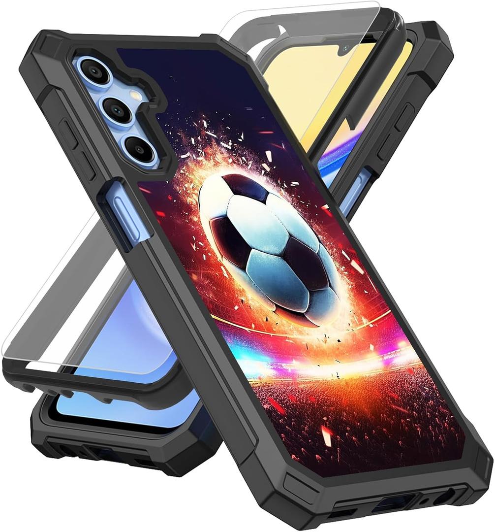 for Samsung Galaxy A16 5G Phone Case with Screen Protector (Tempered Glass),Slim TPU Rugged Corners Drop Protection Bumper Cover for Men Women-Soccer Football