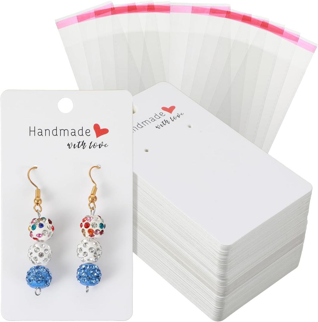 Nogeqi 100PCS 2x3.5 Inch Earring Display Cards with 100PCS Self Adhesive Bags, Handmade with Love Earring Holder Cards for Selling Jewelry Necklace Display Hanging Retail (White)