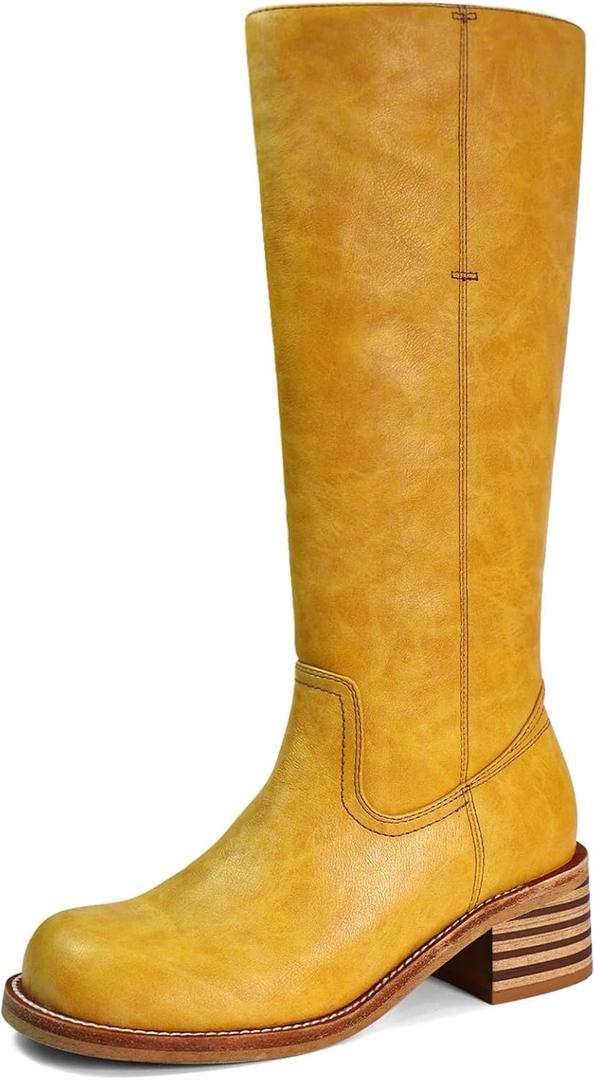 Women's Knee High Boots Square Toe Chunky Block Heel Long Boots for Women Comfortable Low Heel Womens Boots (10.5)