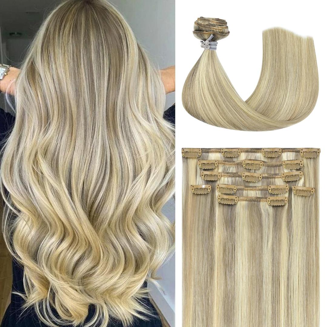 Honsoo Real Hair Extensions Mixed Bleach Blonde 20inch 70g 7pcs Clip In Human Hair Extensions No Shedding No Tangles