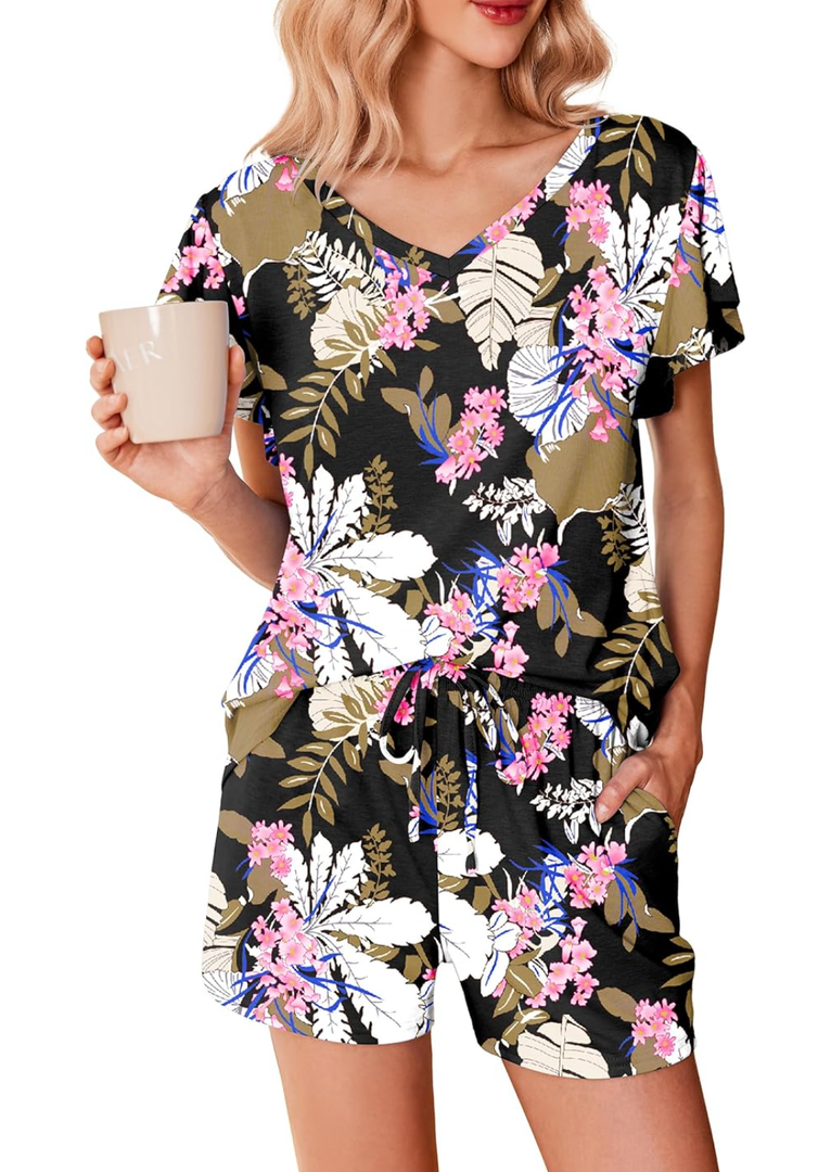 Ekouaer Women's Pajamas Set Ruffle Sleeves Sleepwear V Neck Comfy 2 Piece Pjs Loungewear Set with Pockets  2XL