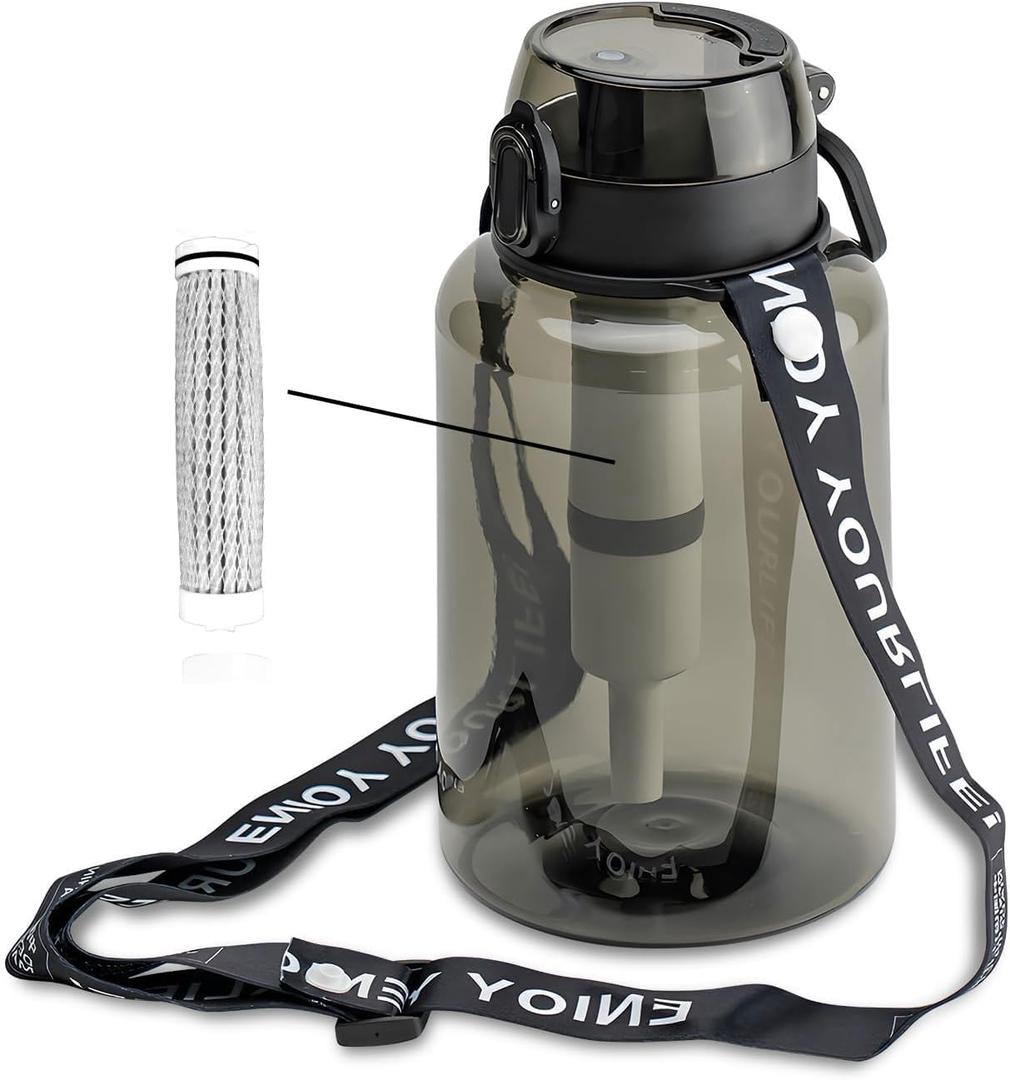 40 OZ Water Filter Bottle with 3-Stage Filtration - Ideal for Survival, Camping, Hiking, Backpacking, and Emergency - Portable&Reusable Filtered Water Bottle with Strap - Black