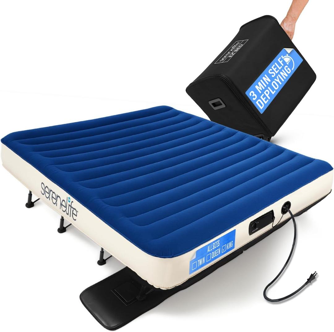 SereneLife EZ Bed Air Mattress with Frame and Rolling Case, Self-Inflating Airbed with Built in Pump for Travel and Hosting, King