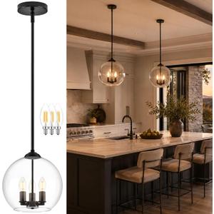 12" Globe Pendant Lights Kitchen Island Glass Globe Pendant Light Fixture Bedroom Mid Century Modern Pendant Lighting Black Pendant Light for Kitchen Island Dinning Room (Bulb Incl.), 1-Pack