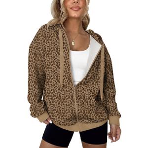 LYHIPSS Women's Oversized Lightweight Hoodies for Women Full Zip Up Long Sleeve Drawstring Jackets (Large, Leopard)