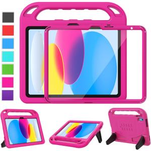 LTROP Kids Case for New iPad 11th Generation (A16) 11 Inch 2025/ 10th Generation 10.9 Inch 2022 - Built-in Screen Protector, Shockproof Handle Stand iPad 11th/10th Gen Case for Kids, Rose