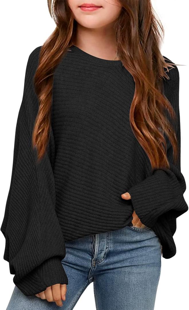 Mafulus Girl's Oversized Crewneck Fall Sweaters Kids Batwing Long Sleeve Slouchy Chunky Cute Pullover Jumper Shirts 5-14T (11-12 Years, Black)