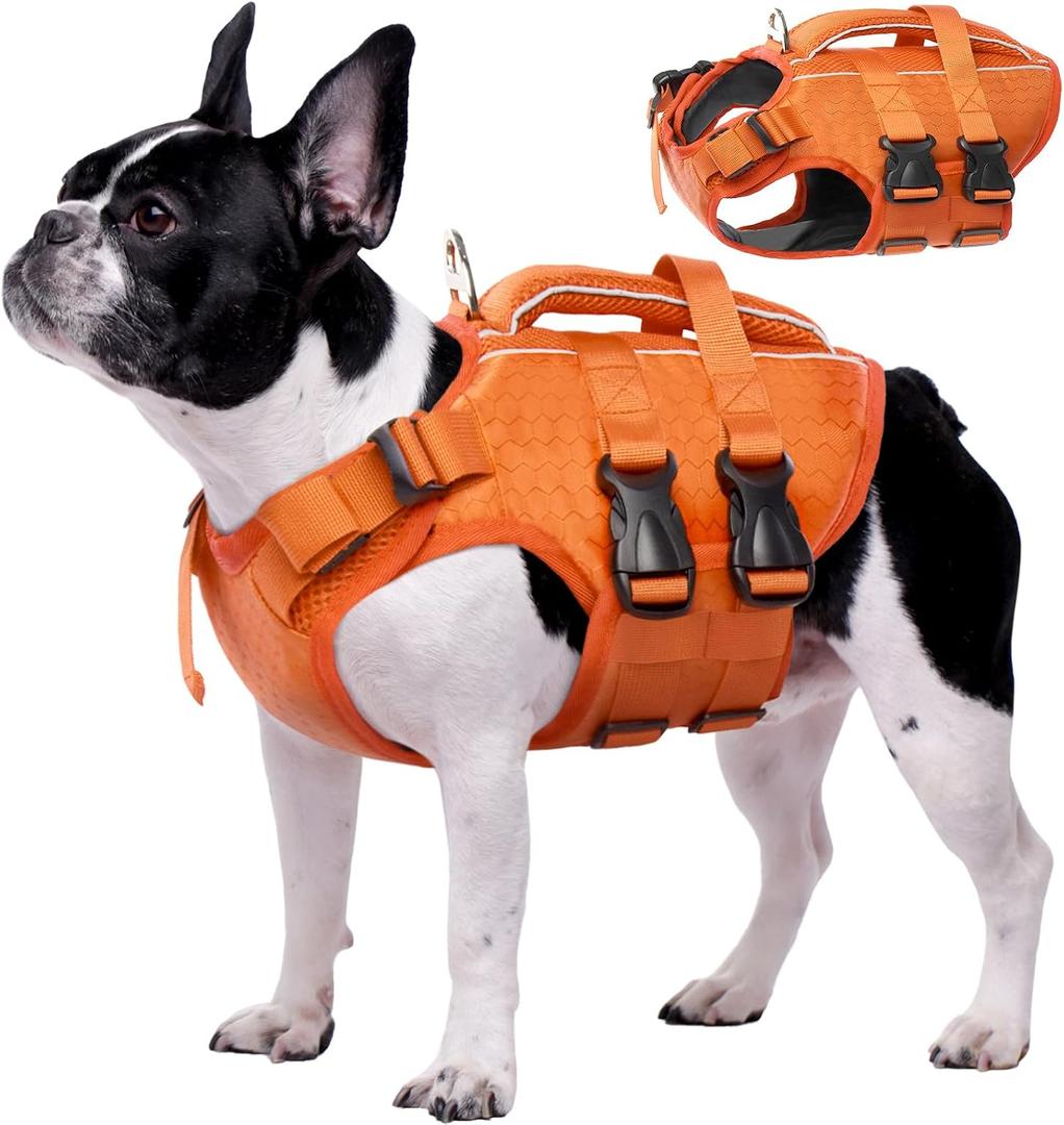 Kuoser Dog Life Jacket, High Flotation Reflective Dog Life Vest, Orange, M