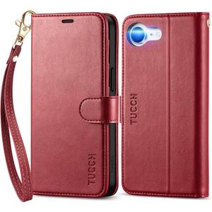TUCCH Wallet Case for iPhone 17e 16e with [Wrist Strap], Magnetic Closure RFID Blocking 4 Card Slot, Stand Shockproof TPU Shell PU Leather Folio Compatible with iPhone 17e/16e, Dark Red with Wristlet