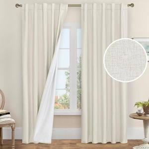 LAMIT Ivory 100% Blackout Linen Curtains 84 Inches Long, Linen Textured Living Room Farmhouse Curtains Full Room Darkening Back Tab and Rod Pocket Panels with White Liner, 2 Panels, 42 x 84 Inch