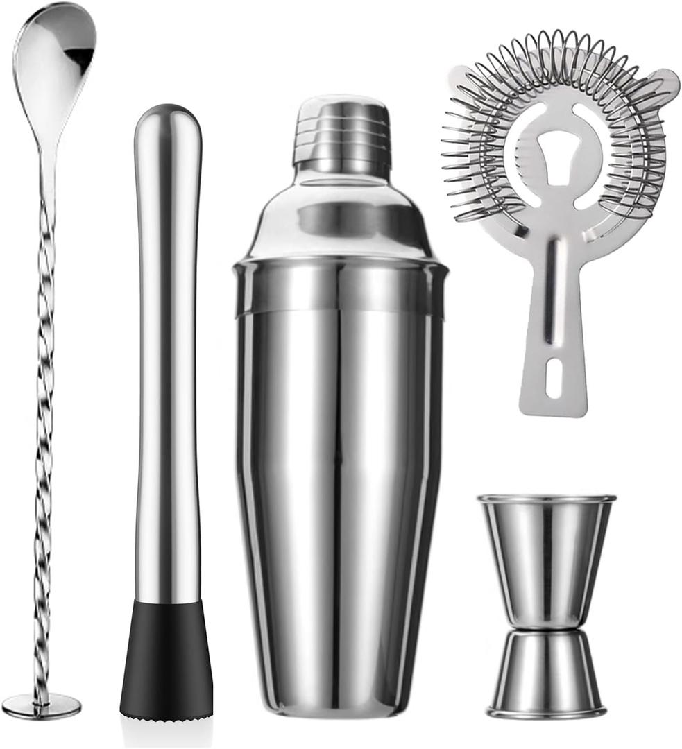 5-Piece Cocktail Shaker Set Shaker Strainer Jigger T-Mixing Spoon Muddler Bartender Kit Stainless Steel Bar Set Housewarming Gift