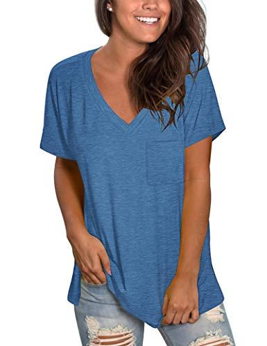 TODOLOR V Neck Shirts for Women Short Sleeve Loose Fitting Tunic Tops for Leggings Blue S