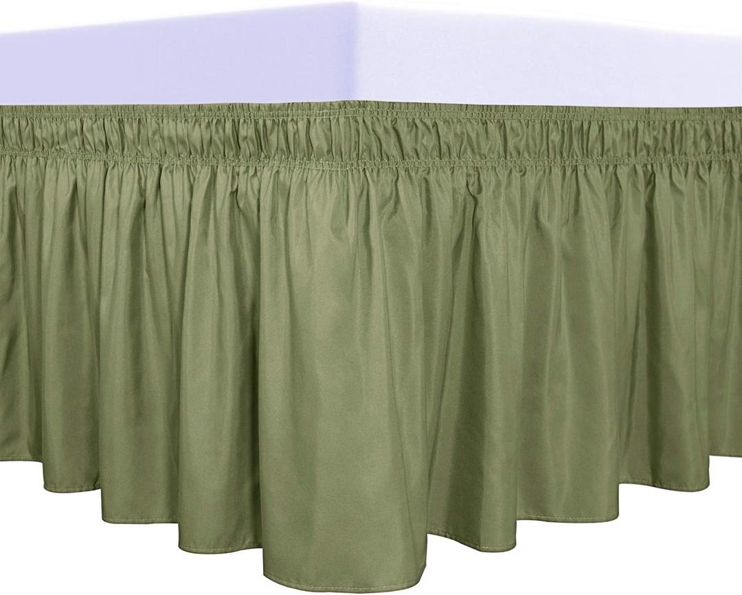 PureFit Wrap Around Ruffled Bed Skirt with Adjustable Elastic Belt - 18 Inch Drop Easy to Put On, Wrinkle Free Bedskirt Dust Ruffles, Bed Frame Cover for Queen, King and C-King Size Beds, Light Green
