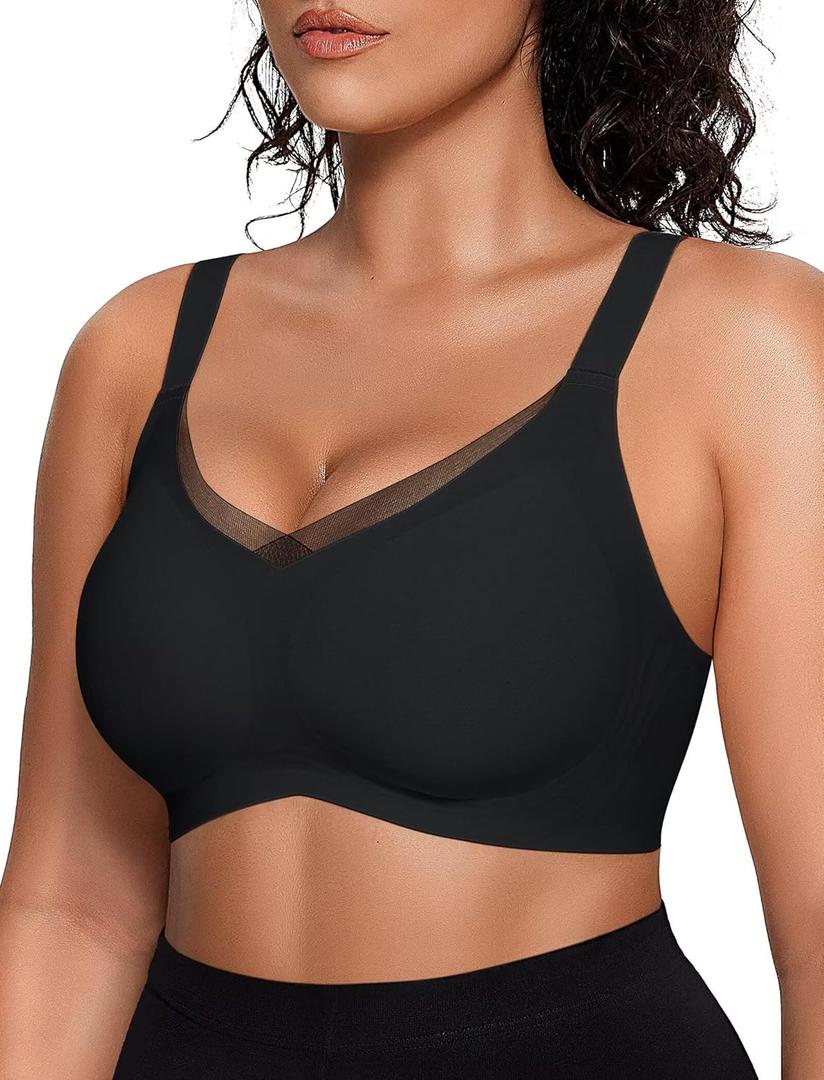 Vertvie Women's Wireless Bra Crossover Mesh Supportive Bras Full Coverage Seamless Smoothing Comfortable T-Shirt Bra(Black,XX-Large)
