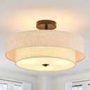 Modern Semi Flush Mount Ceiling Light 18" Modern 3-Lights Black Drum Ceiling Lighting Fixture with Linen Shade Vintage Ceiling Lamp for Kitchen, Basement, Laundry Room, Bedroom