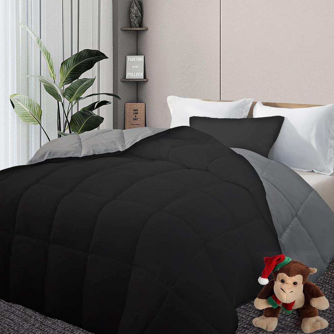 DOWNCOOL Comforter Oversize King Size, Reversible Duvet Insert, Black/Grey All Season Blanket, Lightweight Quilt, Down Alternative Hotel Comforter with Corner Tabs (Black/Gray, 116x98 Inches)