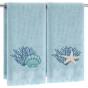 Breling 2 Pcs Summer Beach Hand Towels for Bathroom Blue Embroidered Ocean Coastal Fingertip Towels 13.8 x 29.5'' Under The Sea Seashell Starfish Absorbent Kitchen Dishcloth for Bath Guest Gifts