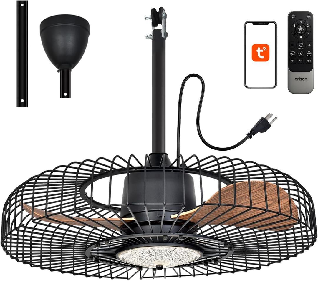 Orison Outdoor Ceiling Fans with Lights for Patio, 24" Weatherproof Ceiling Fan, Gazebo Fan Remote & APP Control, 3CCT Dimmable,Caged Plug in Ceiling Fan with Hanging Hook for Pergola Porch Canopy