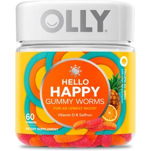 OLLY Hello Happy Gummy Worms, Mood Balance Support, Vitamin D, Saffron, Adult Chewable Supplement, Tropical Zing - 60 Count BB 10/6/26
