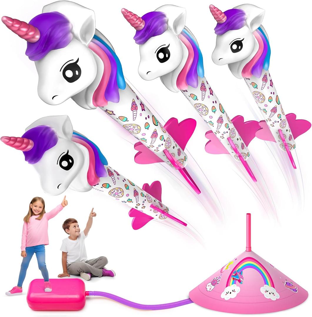 beefunni Unicorn Rocket Launcher for Kids, 4 Unicorns Outdoor Toys for Girls, Christmas Easter Birthday Gifts for Girls Ages 2 3 4 5 6 7 8 Years Old, Fun Indoor Toys for Kids Ages 2-4-6 Years Old (Multicolored)