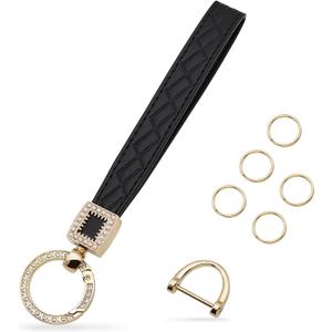 Car Keychain for Women Wristlet, Cute Leather Keychain with 360 Degree Rotatable, Anti-lost D-Ring Design (Black)