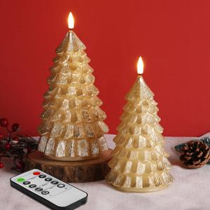Eywamage Gold Christmas Tree Flameless Candles with Remote, Flickering Real Wax Battery LED Pillar Candles Set of 2