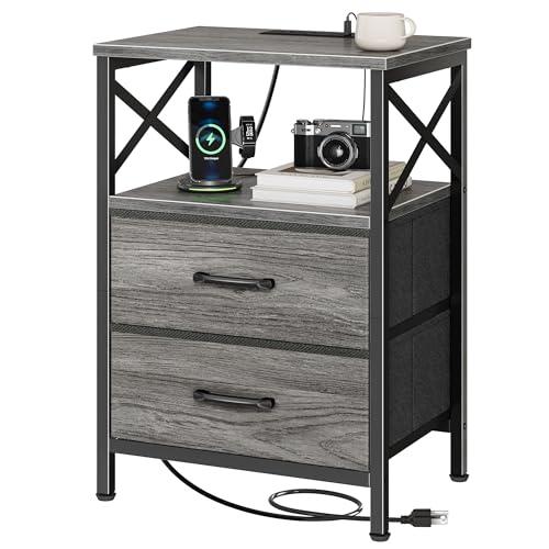 Huuger Night Stand with Charger Station, 2 Drawer Nightstand with Open Shelf, Bed Side Table with USB-C Port, End Table, Compact Size for Small Spaces, X Shaped Side Rail, Grey