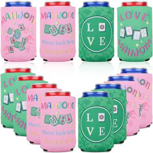 12pcs Mahjong Party Can Coolers, Neoprene Pink and Green Can Sleeve Holder Mahjong Gifts Party Decorations Supplies for Soda Beverage