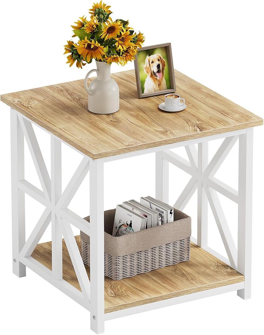 GreenForest End Table with 2-Tier Storage Shelf, 24 inch Large Side Table for Living Room, Modern Nightstand for Bedroom Bedside Office Farmhouse, Oak