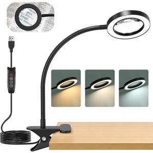 10X Magnifying Glass with Light, Clip on Magnifier with 3 Color Modes and 10 Level Dimmable, Flexible Gooseneck Clamp Magnifying Lamp for Reading Craft Sewing Repair Close Work Beauty