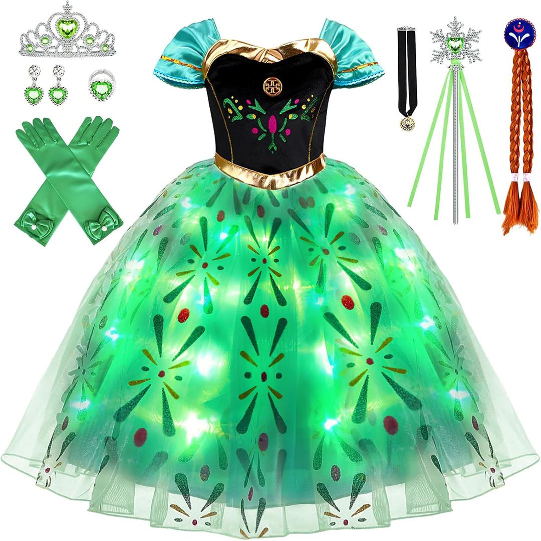 Latocos 10pcs Light Up Anna Costume for Girls Kids Princess Dress Up Cloths for Little Girls Halloween Cosplay