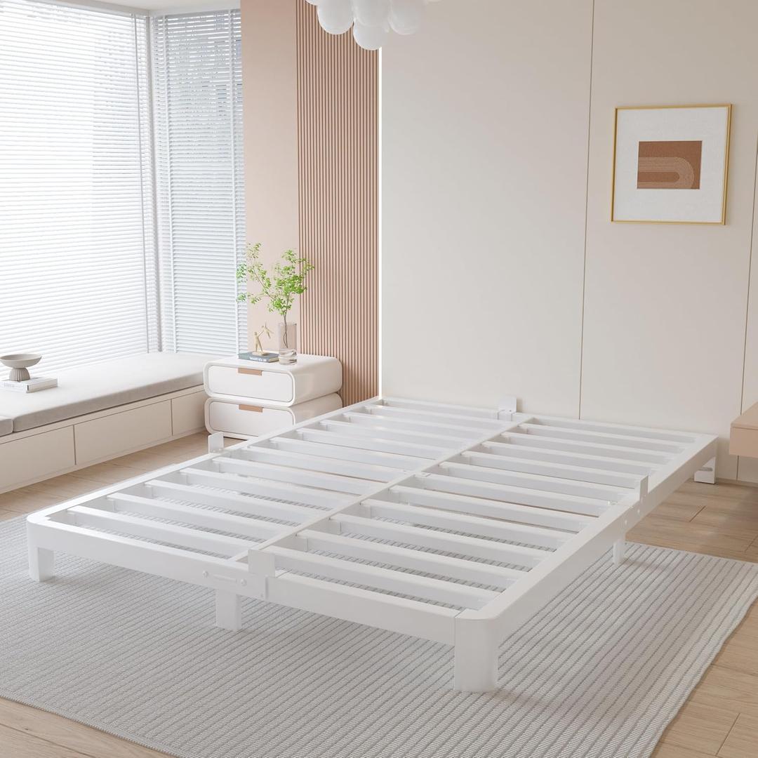 4 Inch White Low Bed Frame Queen, Metal Bed with Mattress Stoppers