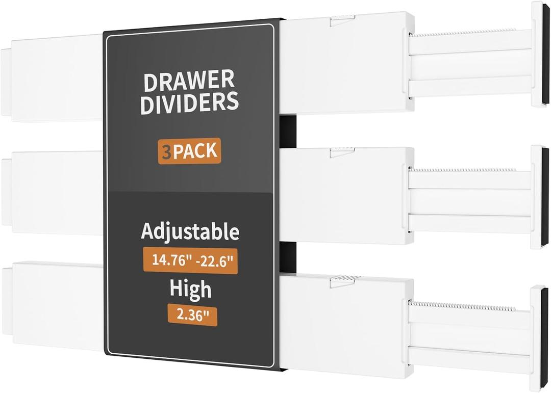 3 Pack Drawer Dividers, 2.36" High, 14.76-22.36" Adjustable Drawer Divider for Clothes, Plastic Dresser Organizer for Bedroom, Closet, Clothes, Office, Kitchen Storage