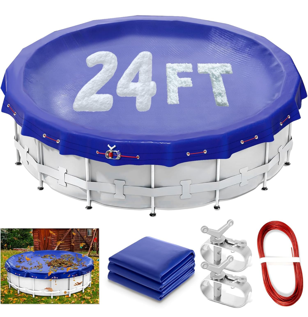 24ft Round Winter Pool Cover for Above Ground Pools 24ft Pool Cover Kit with Winch and Cable, Premium Extra Thick Durable Heavy Duty 24ft Winter Pool Cover Against UV, Falling Leaves, Dust, Snow, Blue