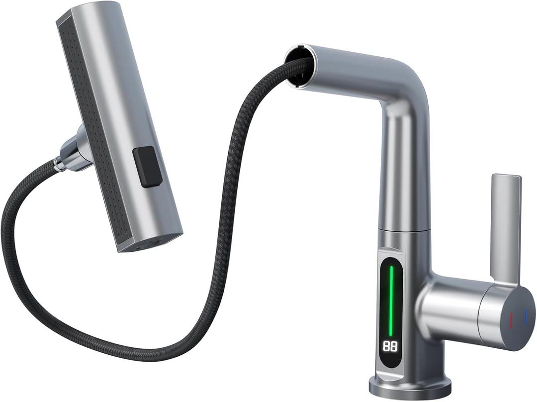 BARROCK Waterfall Bathroom Faucets with Sprayer, Modern Pull Down/Out Bathroom Sink Faucet with Fahrenheit Digital Temperature Display, Height Adjustable Basin Tap No Battery Needed, Brushed Nickel