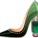 FSJ Women Bridal Pointed Toe Chunky High Heel Crystal Pumps Slip on Wedding Thick Comfort Shoe Size 7.5 Green Gradient