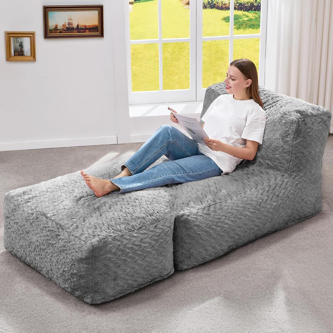 Hobestluk Bean Bag Chair Big Bean Bag Lounger for Adults Bean Bag Couch with Memory Foam Filled for Living Room, Bedroom or Balcony (Chevron Plush Grey), Large