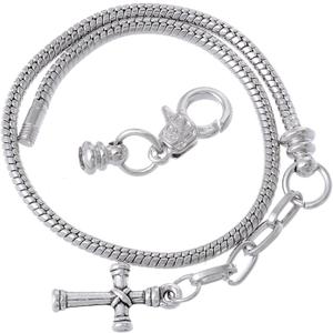 RUBYCA 5pcs 6.3" Lobster Clasp Cross Pendant Bead Snake Chain European Charm Bracelet Silver Tone (Model 102 Silver)