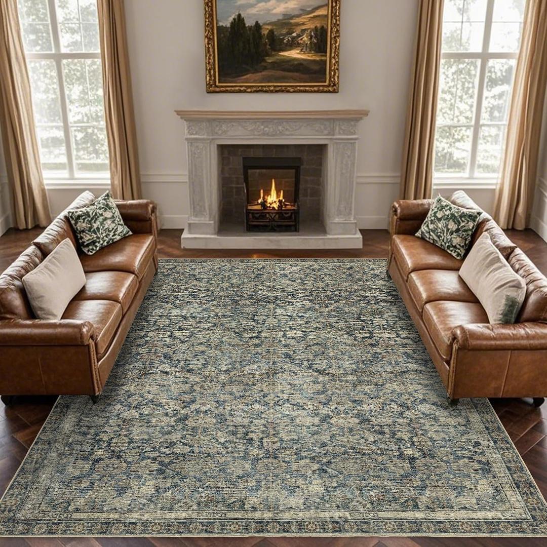 8x10 Area Rugs Washable: Boho Vintage Soft Area Rug for Living Room Bedroom No Shedding - Oriental Low Pile Thin Carpet Rug for Dining Room Home Decor Non Slip - Antique Teal