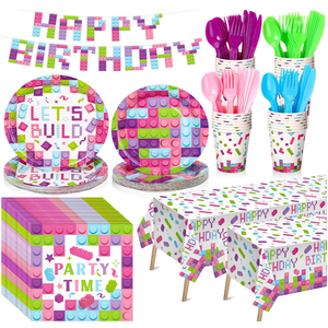 Gejoy 171 Pcs Building Block Birthday Party Supplies Tableware Kit Include Plates Cups Knives Forks Spoons Napkins Tablecloths Banner for Girls Birthday Party Decoration Serve 24 Guest (Sweet Color)