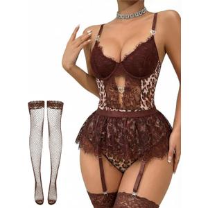 Alrovetoney Women Lingerie Set Naughty Lace Bodysuit High Waisted Underwire Lingerie Babydoll With Garter Belt and Stockings (Brown, XS)