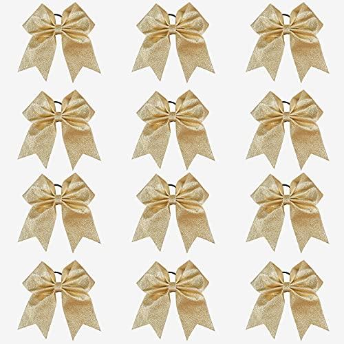 DEEKA 12 PCS 7" Large Glitter Cheer Bows Shiny Cheer Hair Bows Ponytail Holder Handmade for Cheerleader Girls Softball Sports -Gold