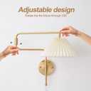 Gold Swing Arm Wall Sconce Set of 2,Plug in Wall Sconces with White Pleated Fabric Shade, Hardwired Wall Light Fixtures with Dimmable Switch for Bedroom Bedside, Living Room, House Reading