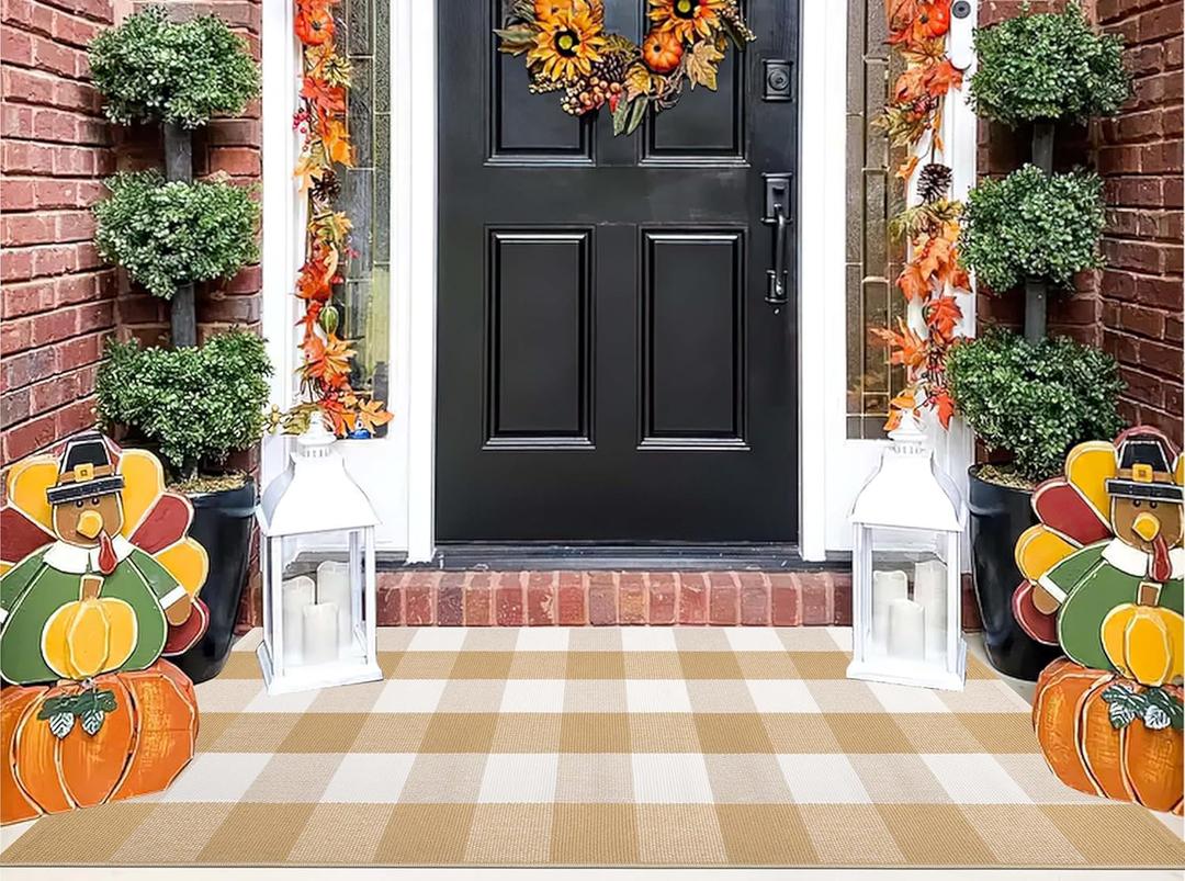 Khaki and White Buffalo Outdoor Rug 24''x 51''Checkered Plaid Front Porch Mat Cotton Woven Machine Washable Front Door Mat for Hello/ Welcome Mat Entryway, Bedroom, Farmhouse Patio