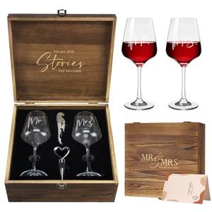AW BRIDAL Mr and Mrs Wine Glasses Wedding Gifts for Couples 2026, Engagement Gift for Newly Engaged Couple, Bridal Shower and Bachelorette Gifts for Bride, Wine Opener Stopper and Wooden Keepsake Box